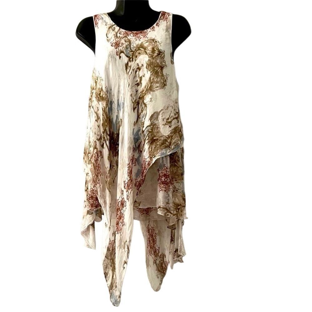 Boho Silk Italy Handkerchief Asymmetrical Cream Brown Floral Gauze tank Top M
